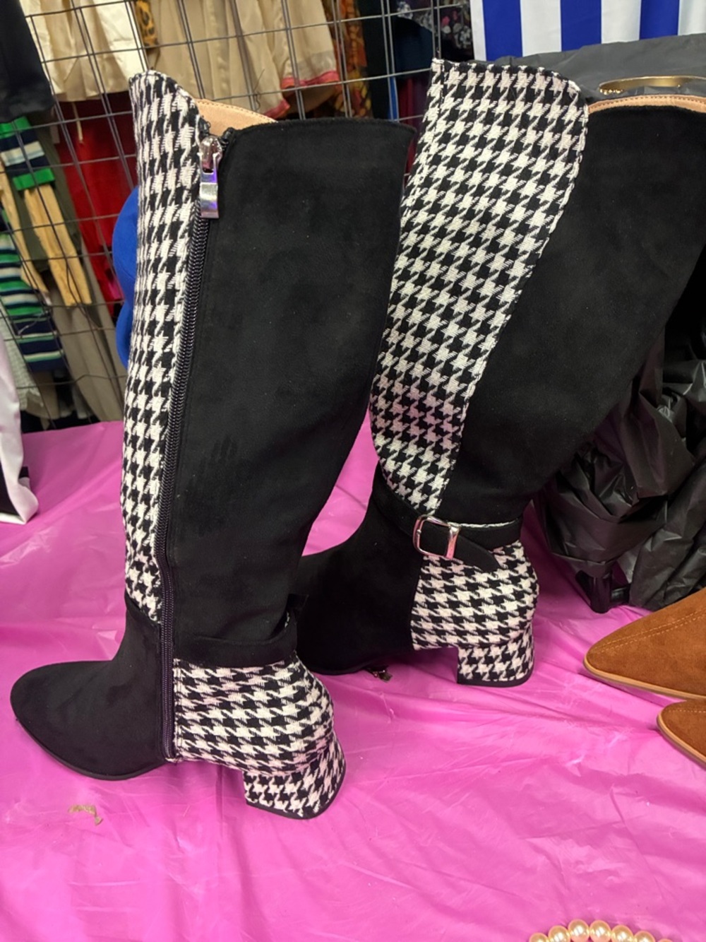 Black Suede & Houndstooth Knee-High Boots
